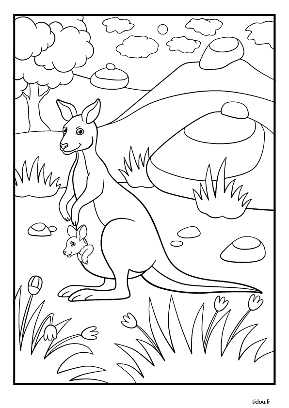 Coloriage à imprimer, un kangourou et son petit dans sa poche