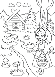 Dessin à colorier, le Petit Chaperon rouge dans la forêt avec un panier