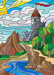 Coloriage vitrail d'un paysage avec un vieux château
