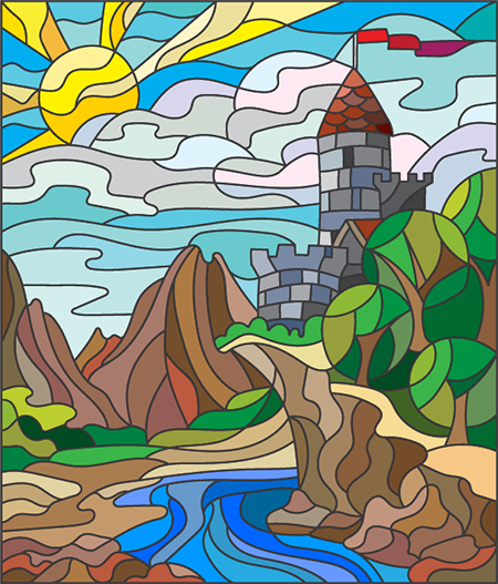 Dessin vitrail, un château qui surplombe une rivière, modèle colorié