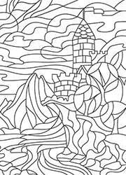 Coloriage style vitrail à imprimer, un paysage avec un vieux château