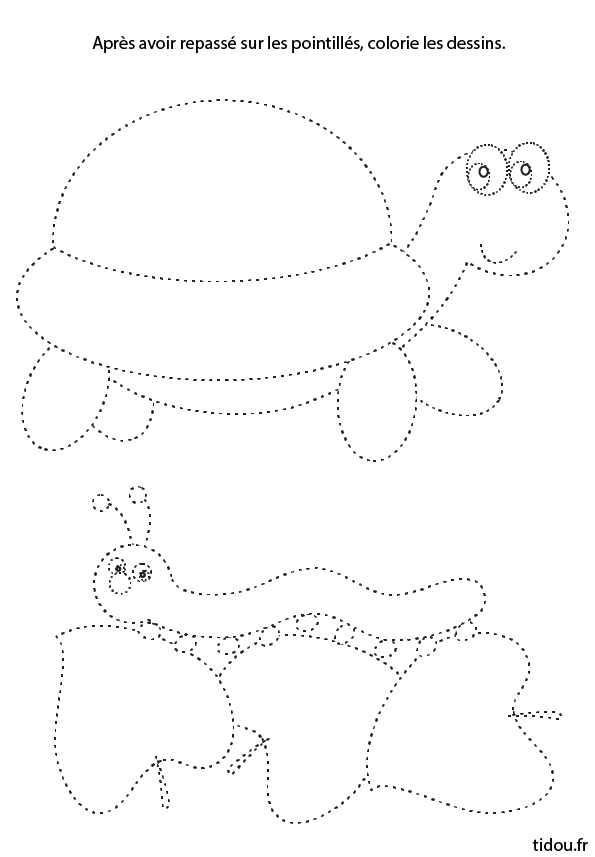 Dessin d'une chenille et une tortue en pointillés à imprimer