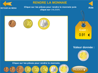 Exercice ludique en ligne pour apprendre à rendre la monnaie sur 2 euros