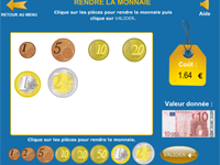 Exercice ludique en ligne pour apprendre à rendre la monnaie sur un billet de 10 euros