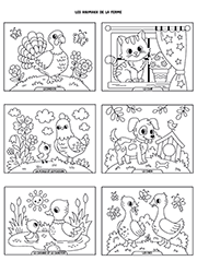 Page de coloriages d'animaux de la ferme à imprimer : le dindon, le chat, la poule et le poussin, le chien, le canard et le caneton, les oies.