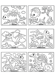Dinosaures à imprimer et à colorier : Stégosaurus, Tricératops, Ptéranodon, Hétérodontosaurus, Parasaurolophus et Spinosaurus