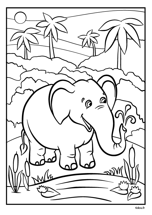 Dessin à imprimer et à colorier, un éléphant au bord de l'eau