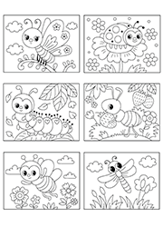 Animaux de la forêt à colorier, un papillon, une coccinelle, une chenille, une fourmi, une abeille et une libellule