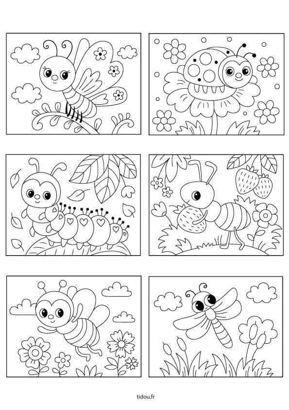 Dessin à imprimer et à colorier, un papillon, une coccinelle, une chenille, une fourmi, une abeille et une libellule