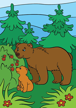 Dessin couleur,  ou ours et un ourson dans la nature