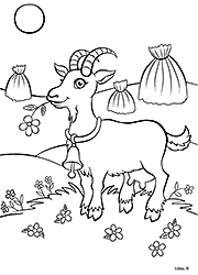 Coloriage à imprimer, une chèvre qui broute une fleur