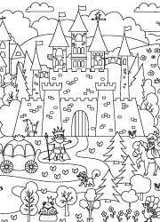 Dessin à colorier, un château, prince, princesse, étang, cygne, nénuphars