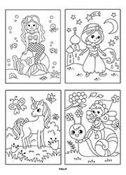 Dessins à colorier, une sirène, une princesse, une licorne et une fée chevauchant un escargot.
