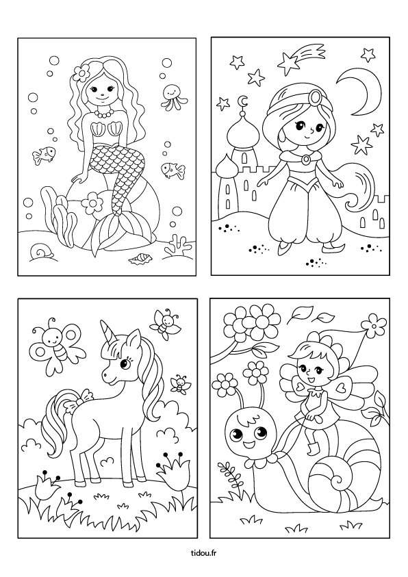 Page de coloriages représentant des personnages magiques, féeriques