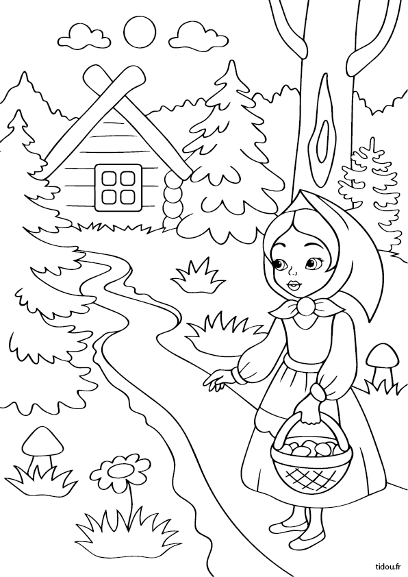 Coloriage,  le petit Chaperon rouge dans la forêt