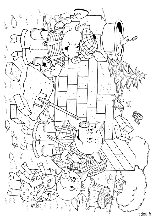 Coloriage,  les trois petits cochons, la maison en brique