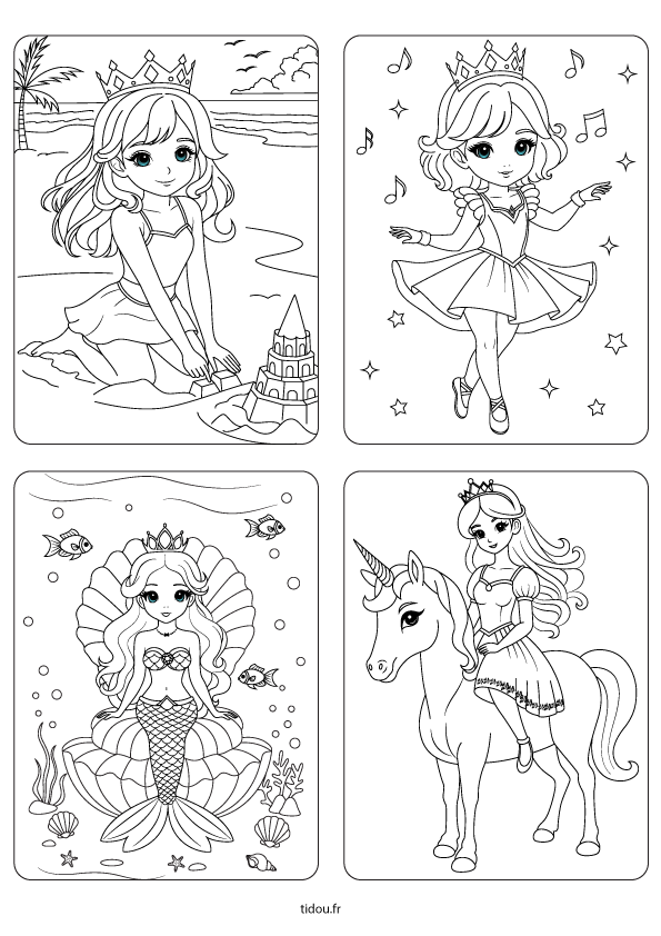 Coloriages sur une page, princesse à la mer, princesse danseuse, sirène, princesse et la licorne