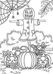 Coloriages à imprimer sur le thème d'Halloween, un épouvantail et des citrouilles