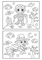 Coloriages à imprimer sur le thème d'Halloween, une momie et une sorcière