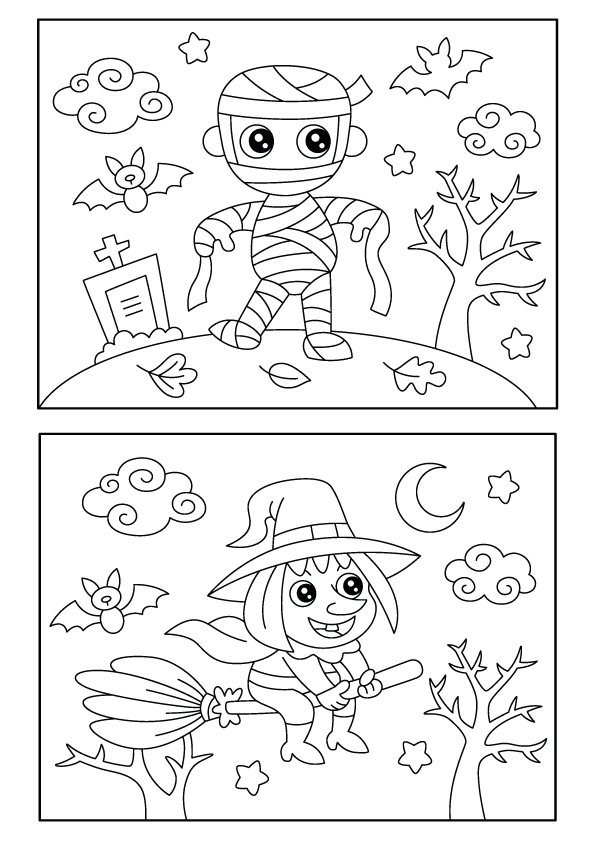 Dessins d'Halloween à imprimer et à colorier, une momie et une sorcière