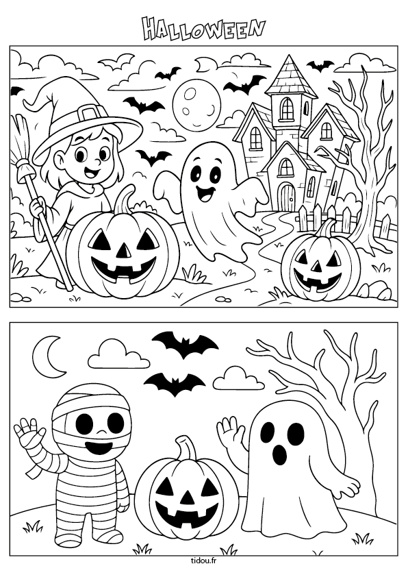 Dessins d'Halloween à imprimer et à colorier, momie, sorcière, fantômes, citrouilles et maison hantée