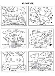 Page de coloriages à imprimer sur le thème des transports : le camion du marchand de glace, l'avion, le voilier, la voiture de course, l'ambulance et le bateau
