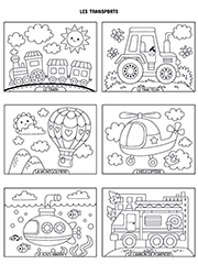 Page de coloriages à imprimer sur le thème des transports : le train, le tracteur, la montgolfière, l'hélicoptère, le sous-marin et le camion de pompiers.