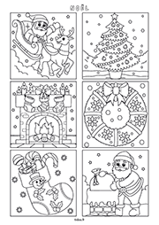 Coloriages à imprimer sur le thème de Noël : le père Noël, son traineau, le renne, le sapin de Noël décoré, la cheminée, la couronne de Noël et le chausson