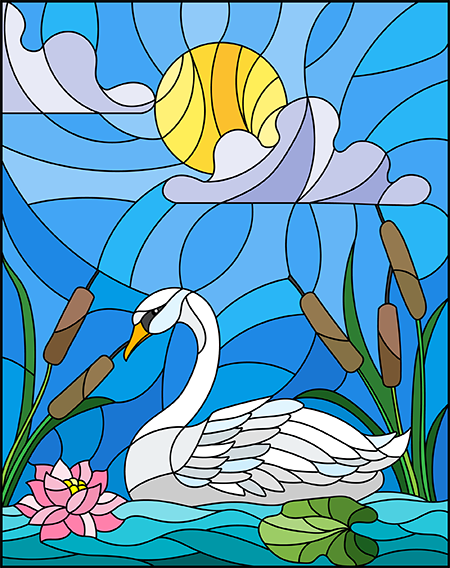 Dessin vitrail, un cygne sur lac avec nénuphars et roseaux, modèle couleur