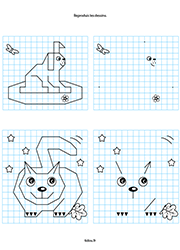 Dessins sur quadrillage à imprimer pour maternelle GS, un lapin, un chat