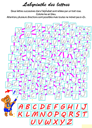 Labyrinthe des lettres de l'alphabet, exercice gratuit à imprimer pour maternelle GS 