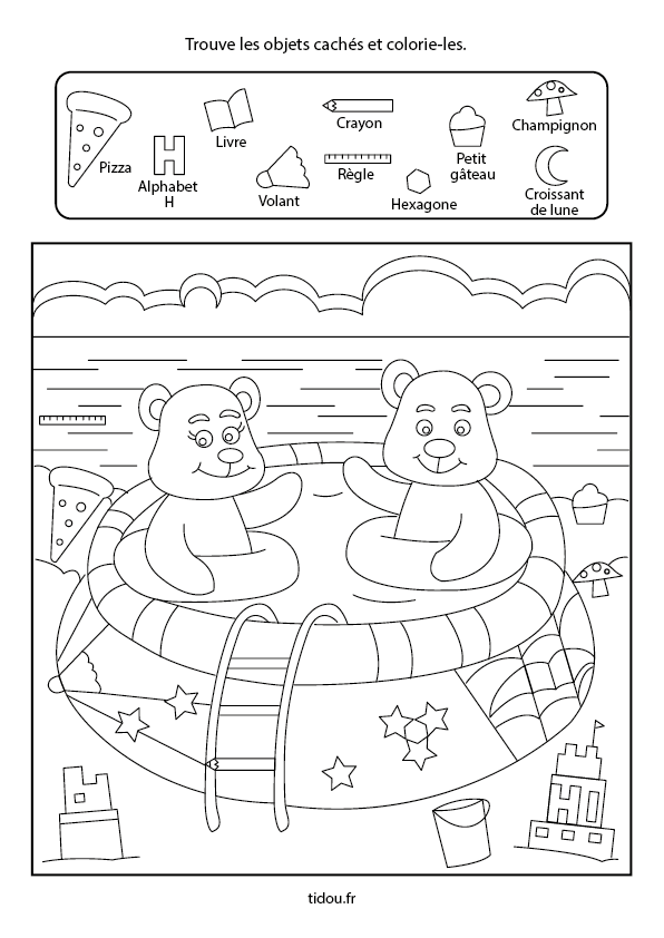 Jeu à imprimer, les objets cachés, maternelle