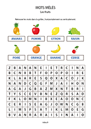 Exercices éducatifs à imprimer, mots mêlés, les fruits